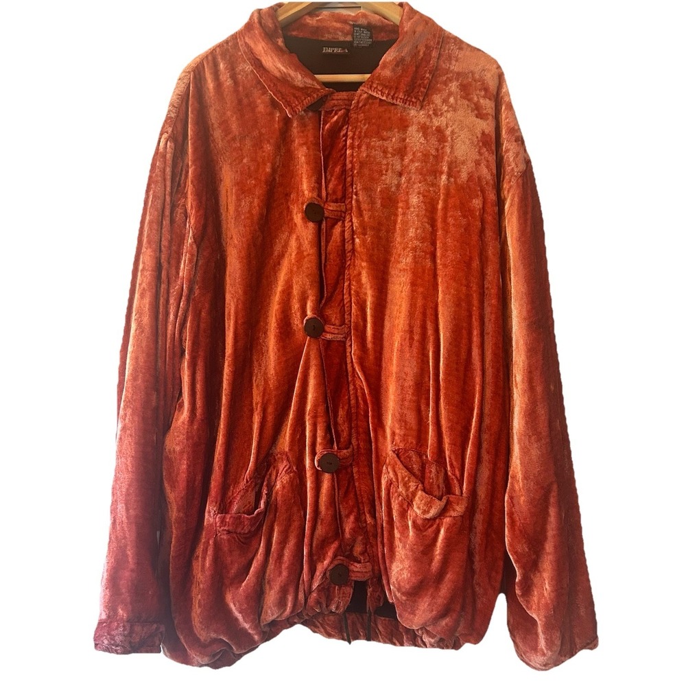 Women Orange Velour Oversized Jacket Size Medium Impresa Zip/buttoms